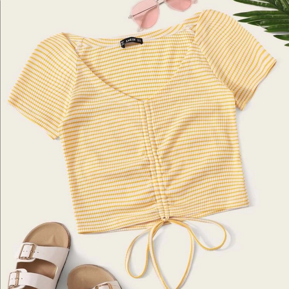 Size M, Tie-up Yellow and White Striped Crop Top
